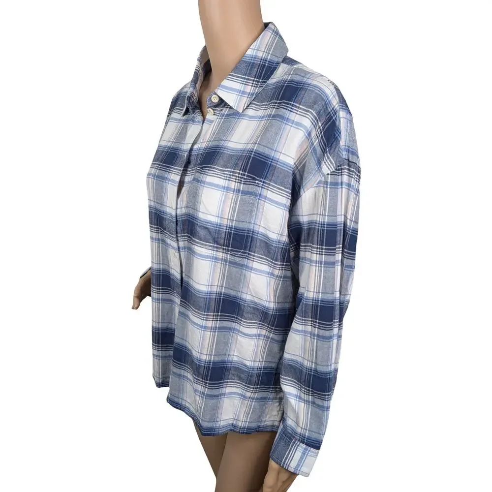 Madewell Hartfield Flannel Plaid Shirt M White Blue Peach Boxy Side Slit Button